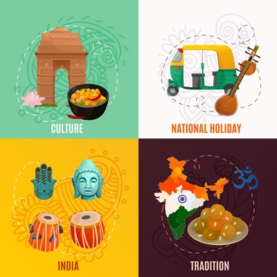 Indian culture and traditional symbols 2x2 design concept isolated on colorful backgrounds cartoon vector illustration