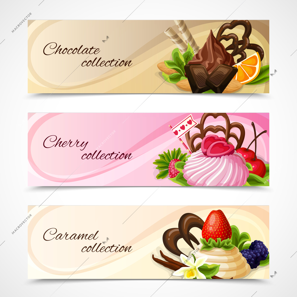 Decorative sweet desserts horizontal banners chocolate cherry caramel collection vector illustration