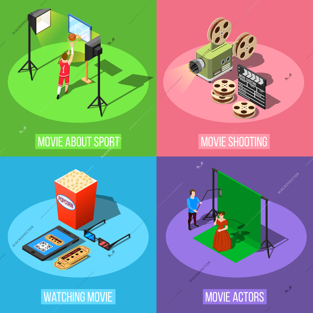 Isometric movie shooting design concept with square conceptual compositions of studio stage elements equipment and actors vector illustration