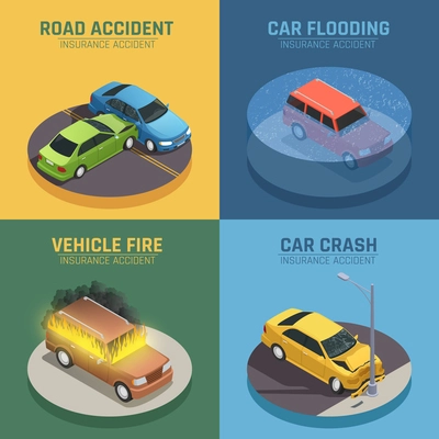 Auto insurance concept 4 isometric icons square for road accident damage and car fire damage isolated vector illustration