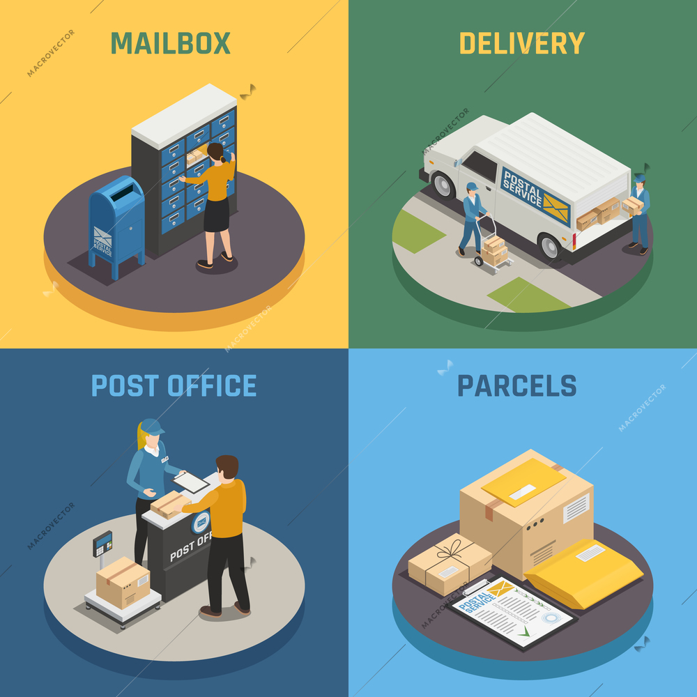 Post office mail delivery service 4 isometric icons square with mailbox parcels colorful background isolated vector illustration