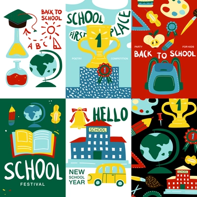 School posters banner set with hello new school year first place and school festival headlines vector illustration