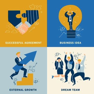 Four squares success business design concept set with successful agreement business idea external growth and dream team descriptions vector illustration