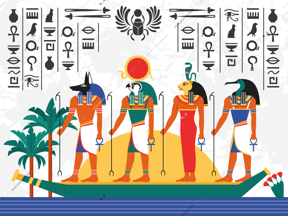 Egypt flat colorful poster with ancient egyptian gods in papyrus boat on hieroglyph background flat vector illustration