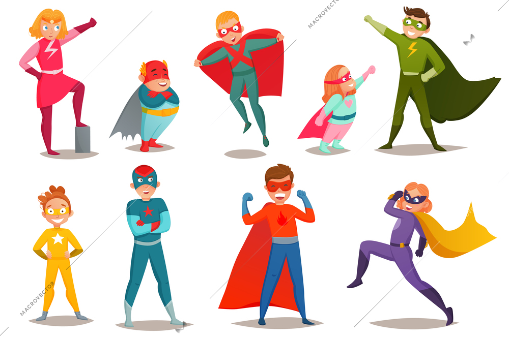 Retro set of kids superheroes boys and girls in colorful costumes, in various poses isolated vector illustration