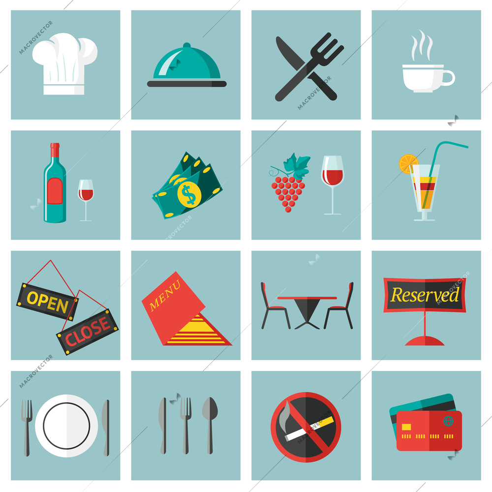 Restaurant food cooking and serving icons set isolated vector illustration