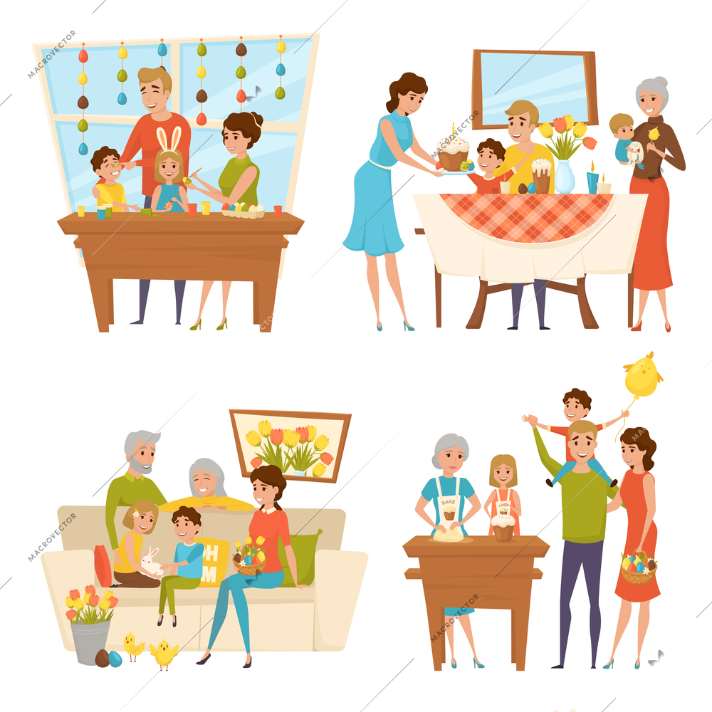 Family easter set with kids and adult characters coloring paschal eggs making and eating bun cakes vector illustration
