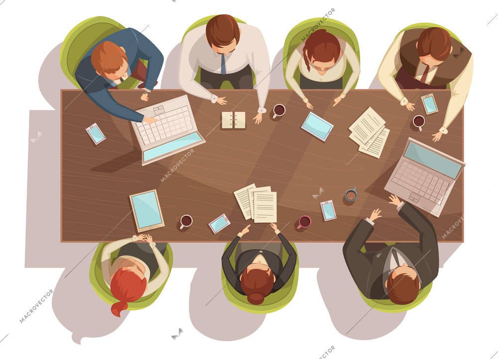 Business meeting top view concept with laptop and coffee cartoon vector illustration