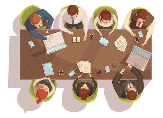 Business meeting top view concept with laptop and coffee cartoon vector illustration