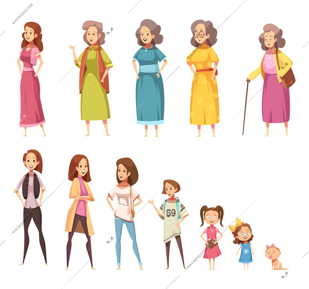 Women generation flat colored icons set of all age categories from infancy to maturity isolated cartoon vector illustration