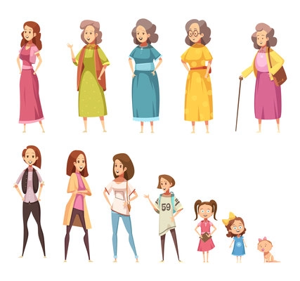 Women generation flat colored icons set of all age categories from infancy to maturity isolated cartoon vector illustration