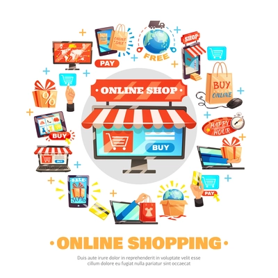 E-commerce background with computer screen storefront concept and circle composition of isolated online shopping icons vector illustration