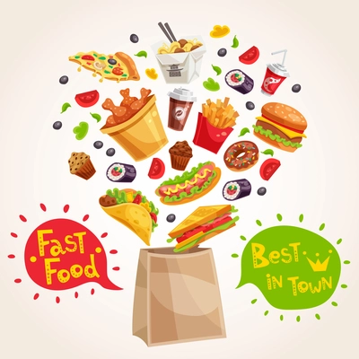 Advertising composition with fast food dishes paper bag and decorated speech bubbles on light background vector illustration