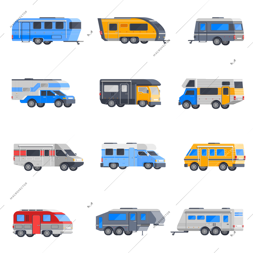 Colored and isolated isometric camping vehicles icon set with trailers and hindcarriages vector illustration