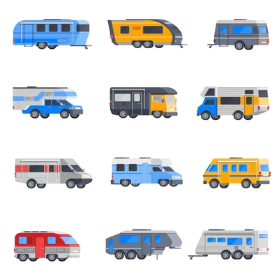 Colored and isolated isometric camping vehicles icon set with trailers and hindcarriages vector illustration