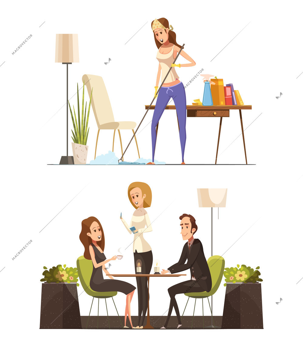 Two retro cartoon compositions with young woman busy cleaning your apartment and sitting in cafe with man vector illustration