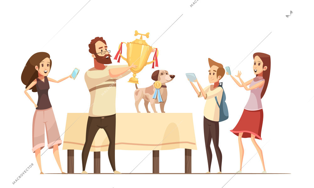 Dog composition with show victory cup and family cartoon vector illustration