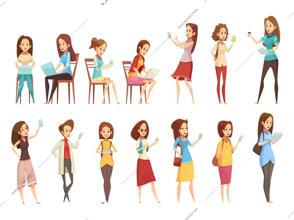 Teenager girls characters with phone tablet and laptop retro cartoon icons 2 banners set isolated vector illustration