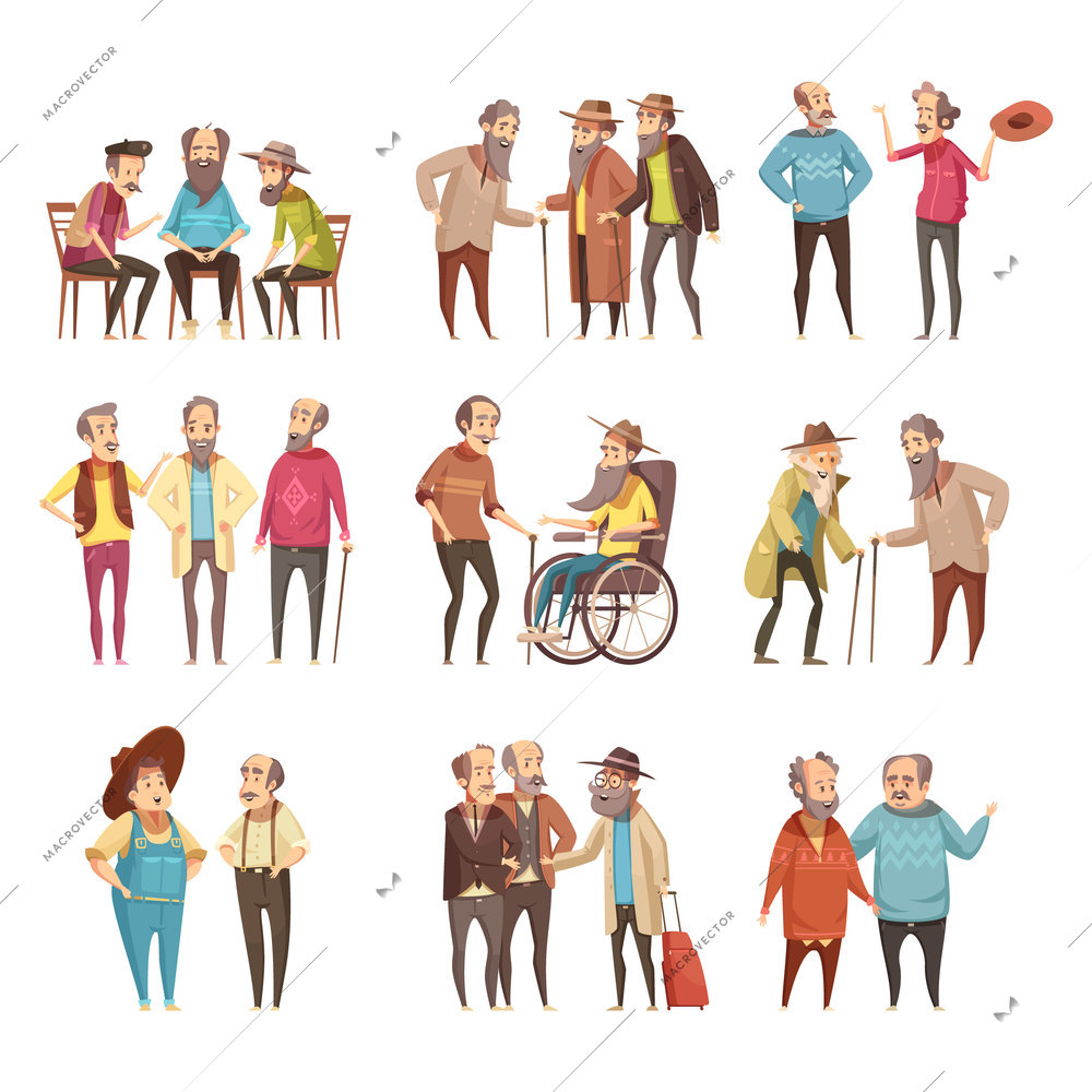 Senior men groups socialization activities retro cartoon icons collection with cane and in wheel chair vector illustration