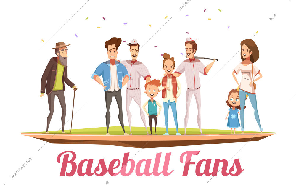 Baseball fans design concept with three generations of big family standing on baseball field flat cartoon vector illustration