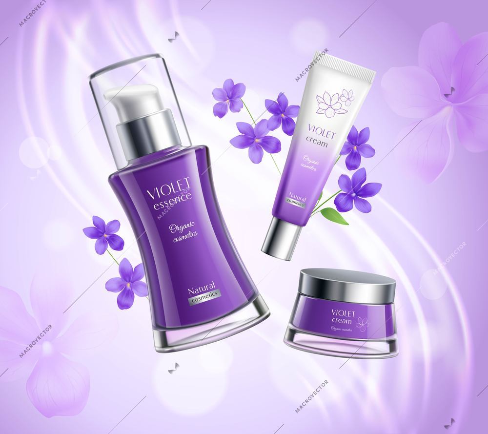 Organic cosmetics skincare products realistic  composition poster with violets extract essence creme dispenser colorful background vector illustration