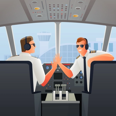 Smiling pilots in sunglasses headphones and uniform in chairs in cabin of plane at airport vector illustration