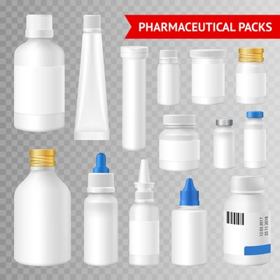 Pharmaceutical quality packaging solutions realistic images collection with plastic pots bottles vials tubes    transparent background vector illustration