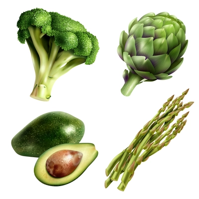 Set of four kinds of vegetables in realistic style with avocado broccoli artichoke and asparagus isolated vector illustration