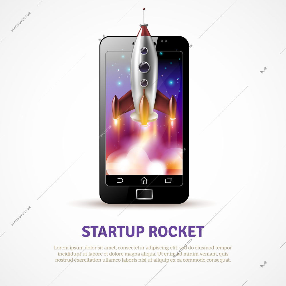 Poster with rocket startup near smartphone screen with stars on blue sky on white background vector illustration