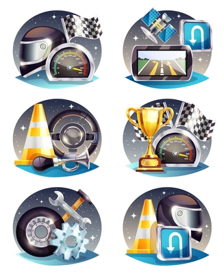 Auto racing compositions set with satellite navigator, flag, trophy, service tools, helmet, road cone isolated vector illustration