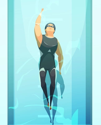 Sportsman retro cartoon set with human character of swimmer in uniform in the swimming pool lane vector illustration