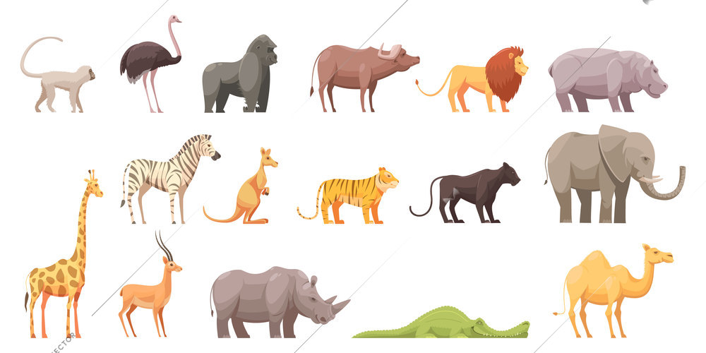 Wild animals retro cartoon collection of flat isolated jungle and african beast images on blank background vector illustration