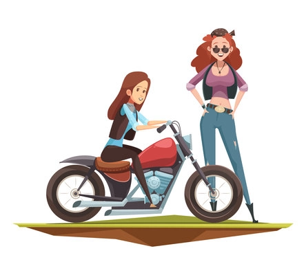 Retro cartoon rider composition of two doodle style pretty female characters and roadster motorbike flat image vector illustration