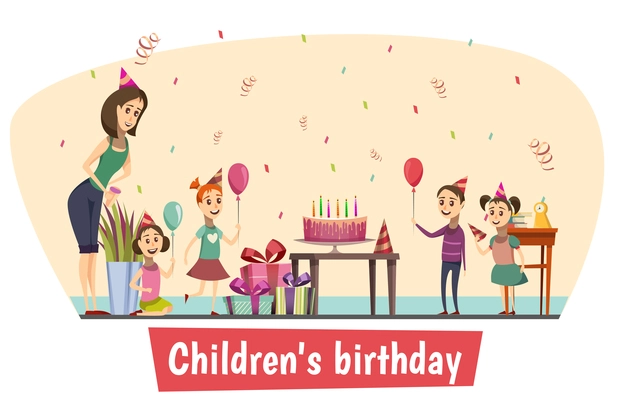 Birthday celebration composition with table cake and children cartoon vector illustration