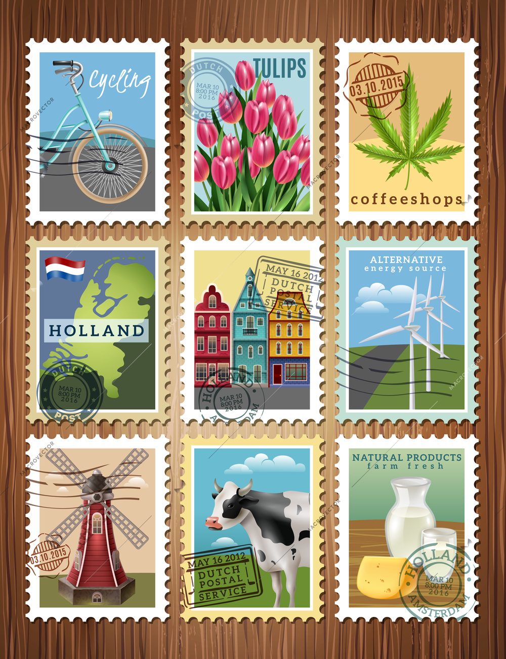 Dutch culture traditions colorful postage stamps set with windmill tulips amsteredam houses and cheese poster vector illustration