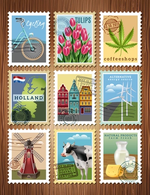 Dutch culture traditions colorful postage stamps set with windmill tulips amsteredam houses and cheese poster vector illustration