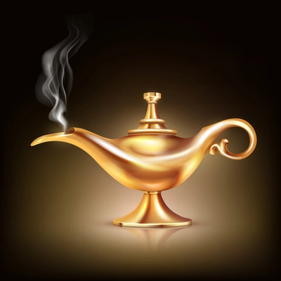 Aladdin lamp smoke composition with realistic cumbersome image of golden vessel with light reflections and smoke cloud vector illustration