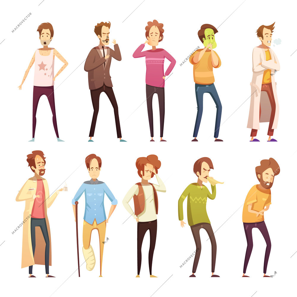 Colored sickness man retro cartoon icon set with different styles and ages people vector illustration