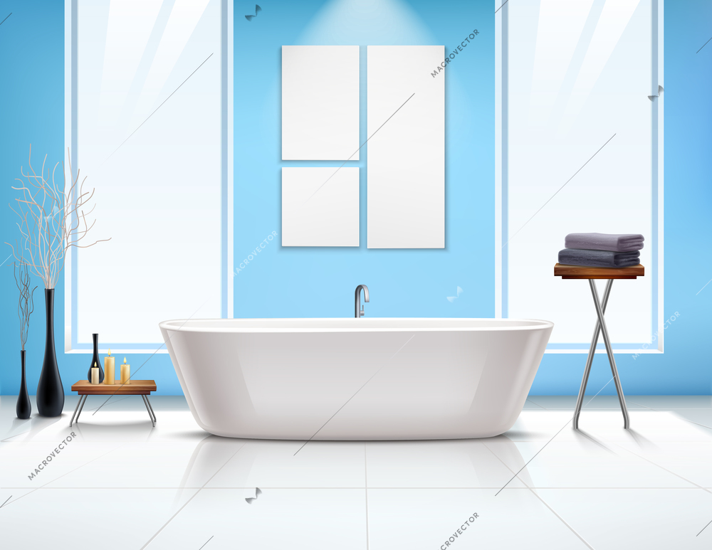 Colored bathroom interior composition in realistic style with white bathtub and windows opposite vector illustration