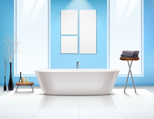 Colored bathroom interior composition in realistic style with white bathtub and windows opposite vector illustration