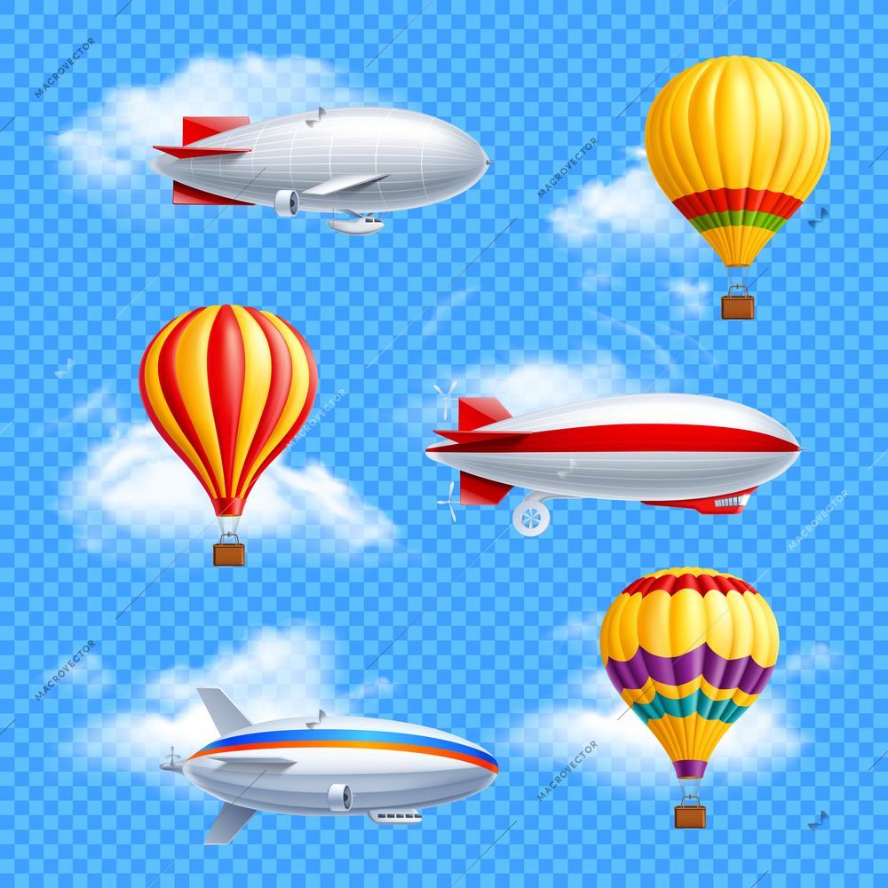 Realistic colored airship icon set air balloons and dirigible on transparent background vector illustration