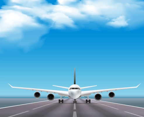 Civil passenger airliner jet on runway realistic front view  image travel agency advertisement poster sky background  vector illustration