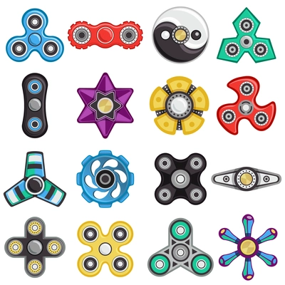 Colorful hand fidget spinners of different shape toys for stress relief set isolated on white background flat vector illustration