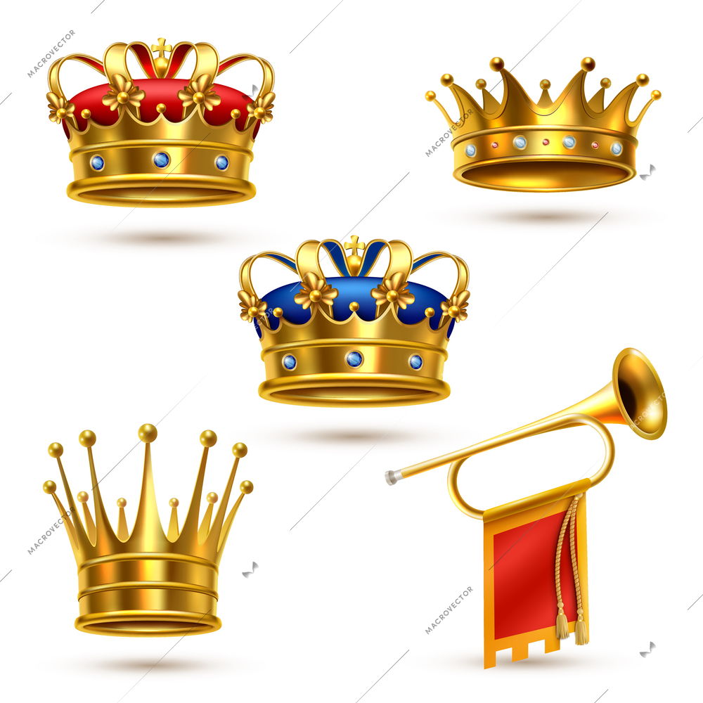 Royal ceremonial gold crowns collection and fanfare heralding trumpet realistic images set white background isolated vector illustration