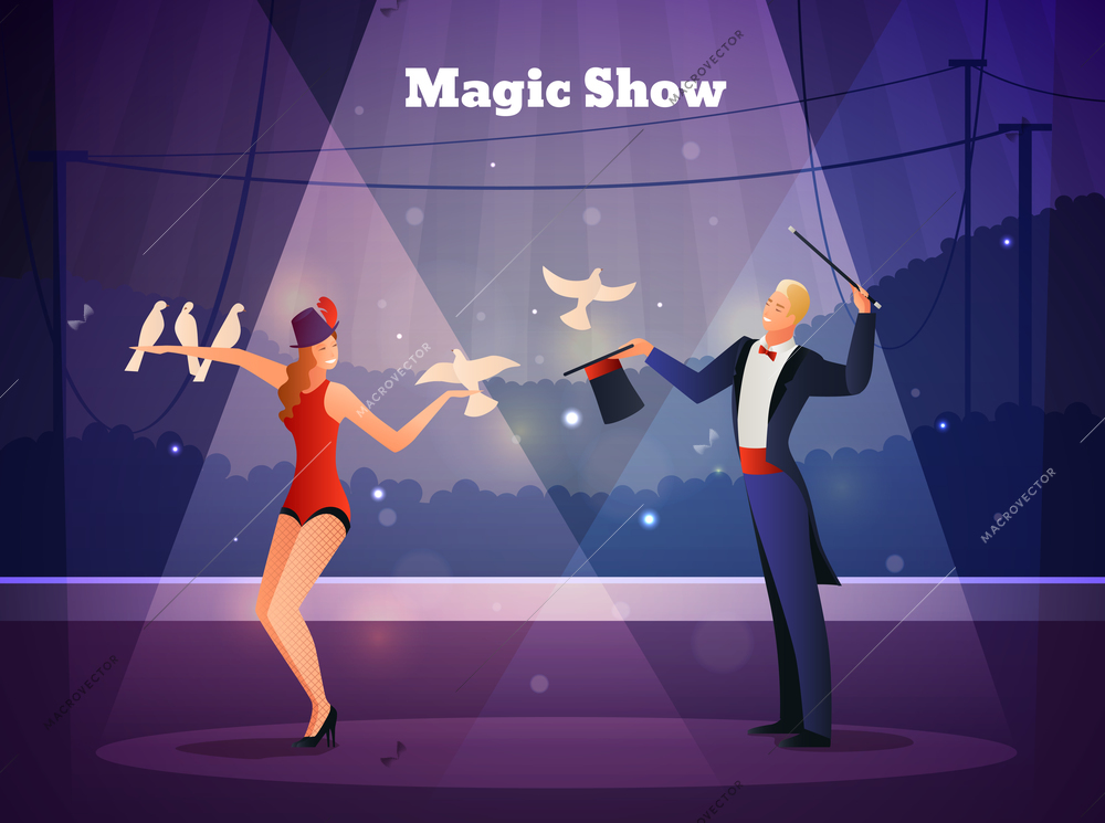 Magic show design concept with illusionist and his assistant performing show with pigeons flat vector illustration