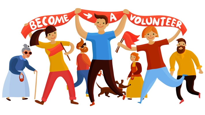 Volunteers composition with young people and teenage kids flat cartoon style characters holding banner and flags vector illustration