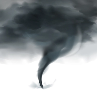 Tornado twister funnel spinning into dark cloudy stormy sky  black white shades background realistic image vector illustration