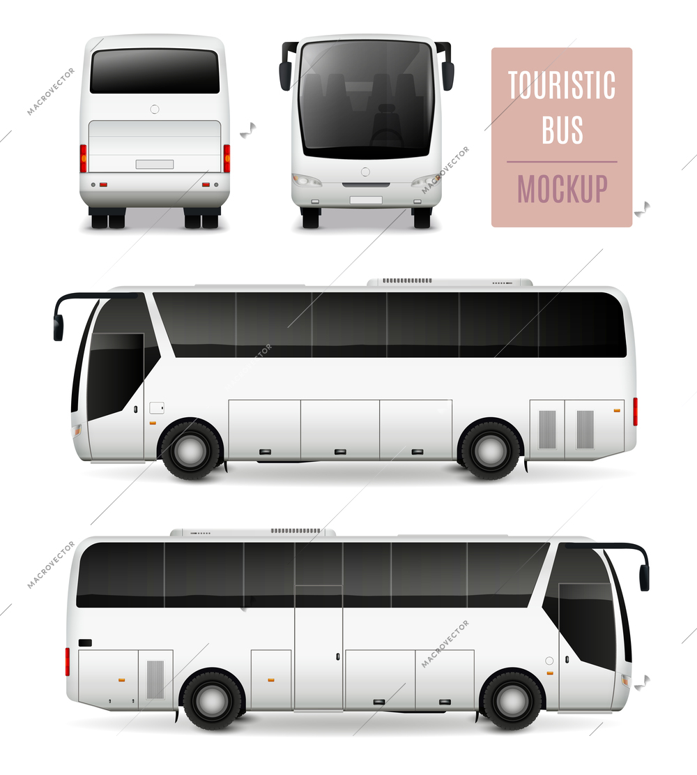 White touristic bus with tinted glass realistic advertising template side view front and rear isolated vector illustration