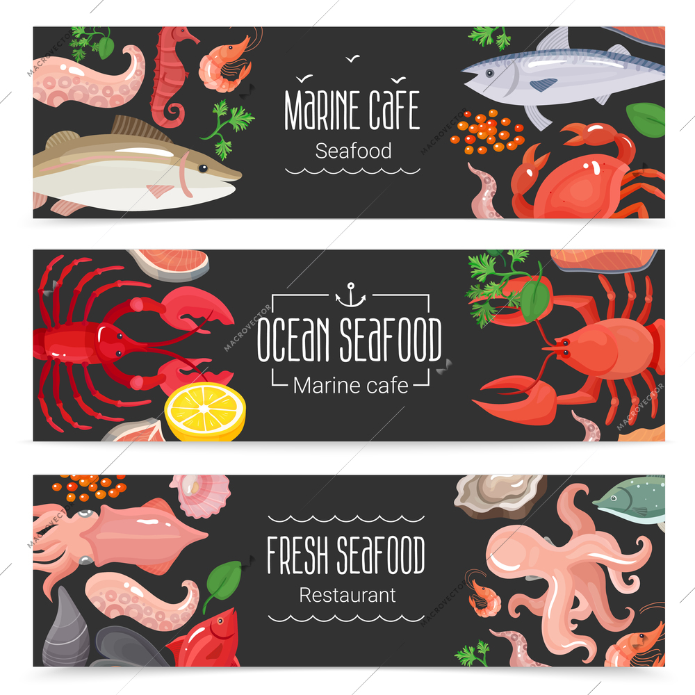 Fresh ocean seafood marine cafe 3 horizontal blackboard banners collection with colorful menu items isolated vector illustration