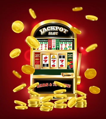 Slot machine poster with jackpot on game line, gold dollar coins on red background 3d vector illustration